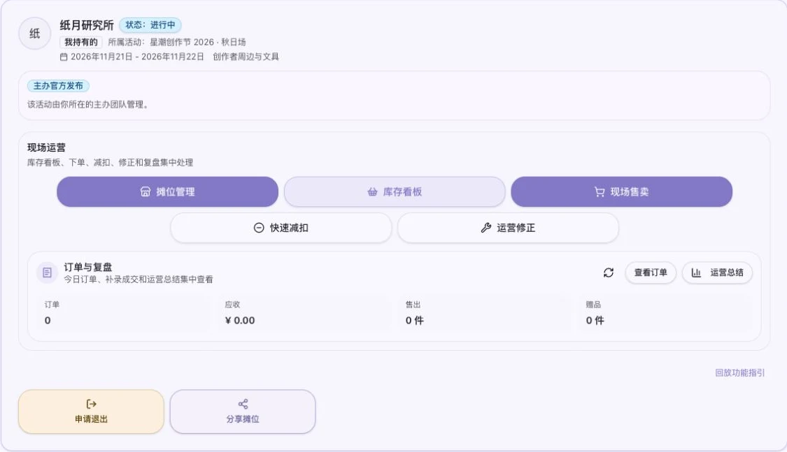摊位工作台显示库存看板、现场售卖、快速减扣和运营修正四类入口