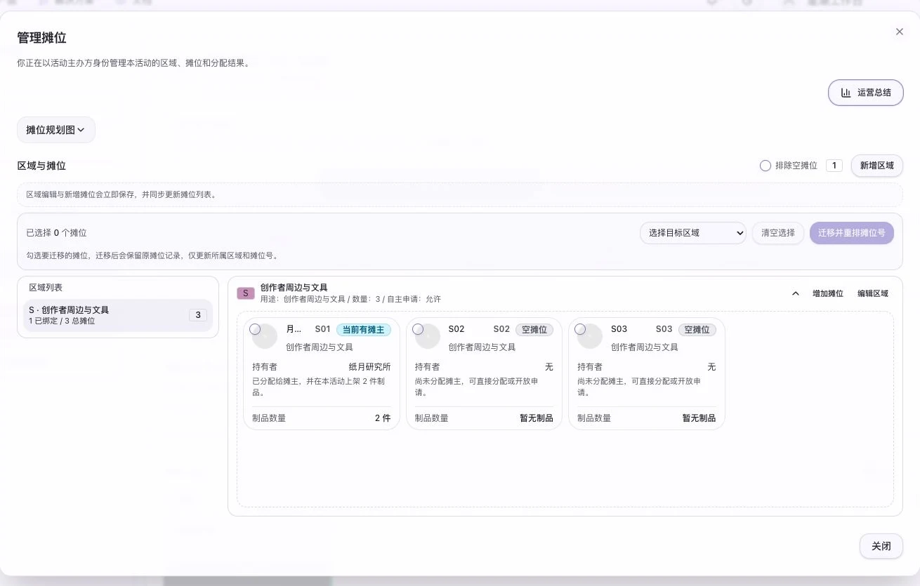 活动摊位管理页显示 S01 已有摊主,S02 和 S03 仍为空闲摊位