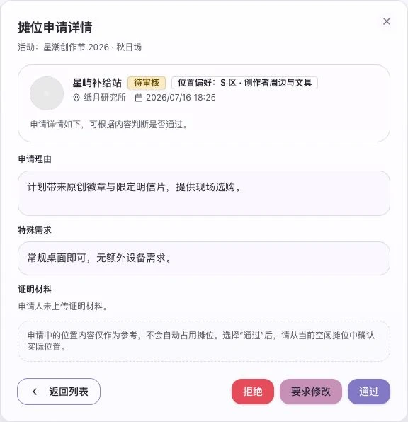 摊位申请详情显示申请理由、特殊需求,以及明确标注为位置偏好的区域信息